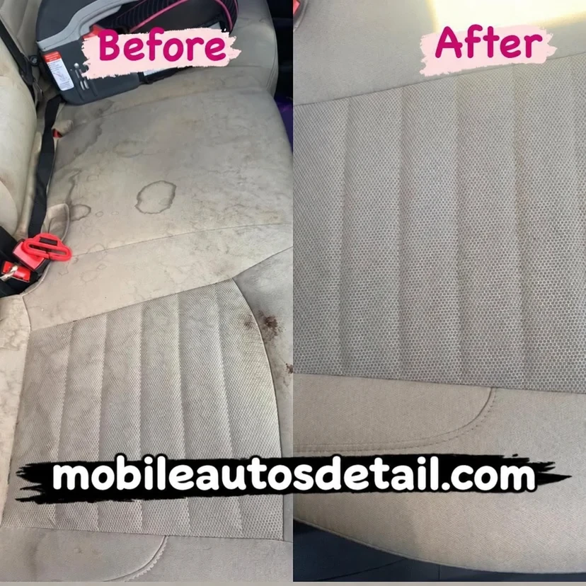 Car seat cleaning before and after showing stain removal and fabric restoration
