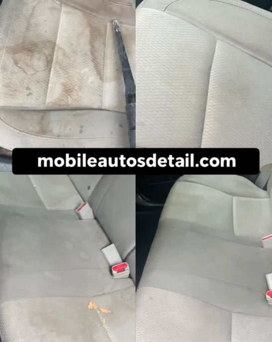 Detailed close-up of car seat cleaning before and after with visible stain extraction