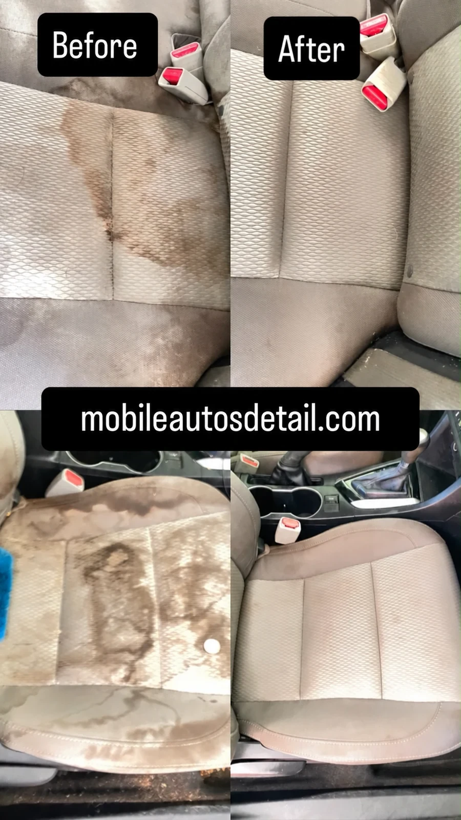 Car upholstery deep clean before and after showing fabric extraction and brightening