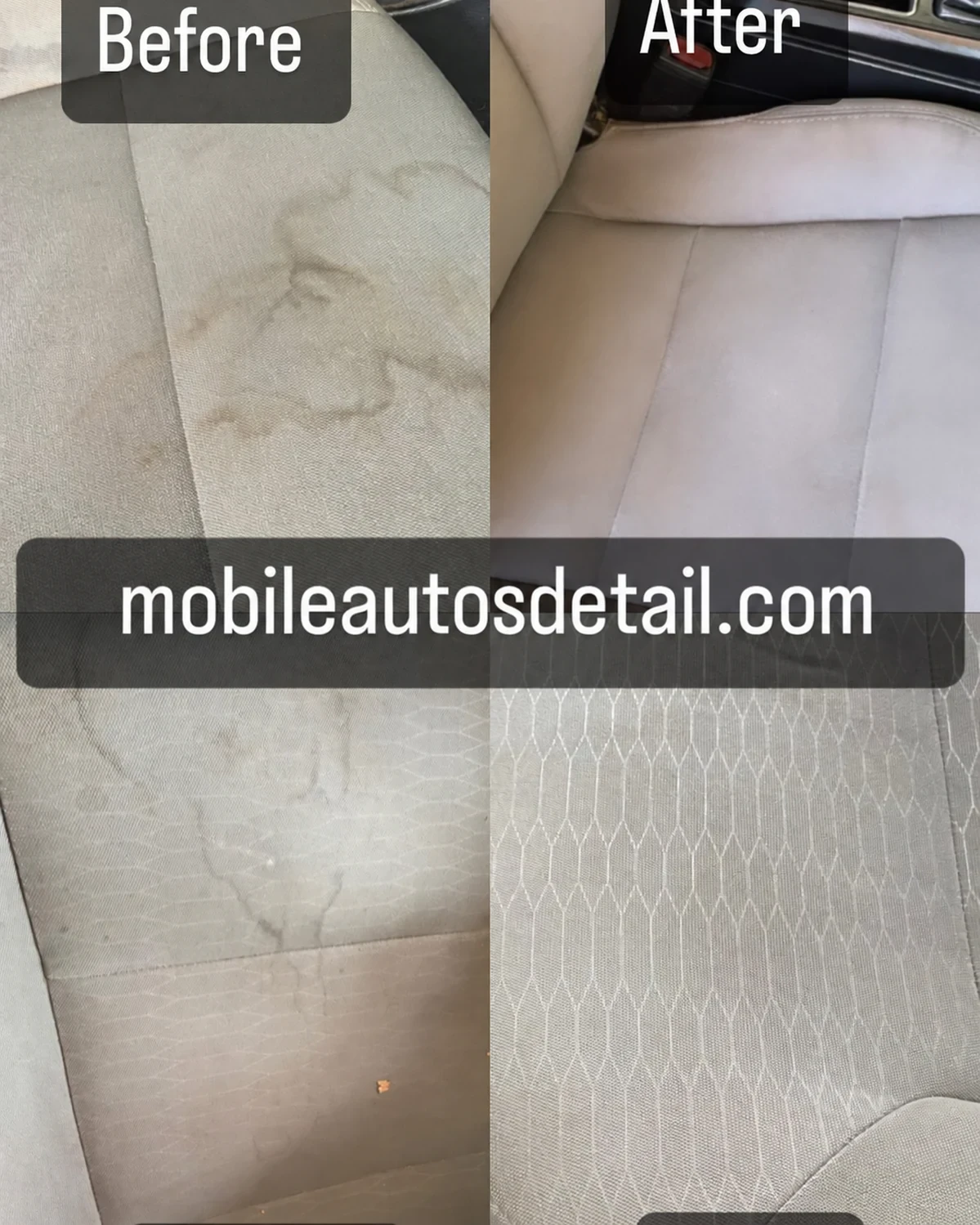 Car upholstery stain removal before and after showing complete stain elimination