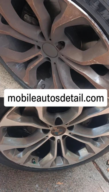 Car wheel detailing before and after showing brake dust removal and shine restoration