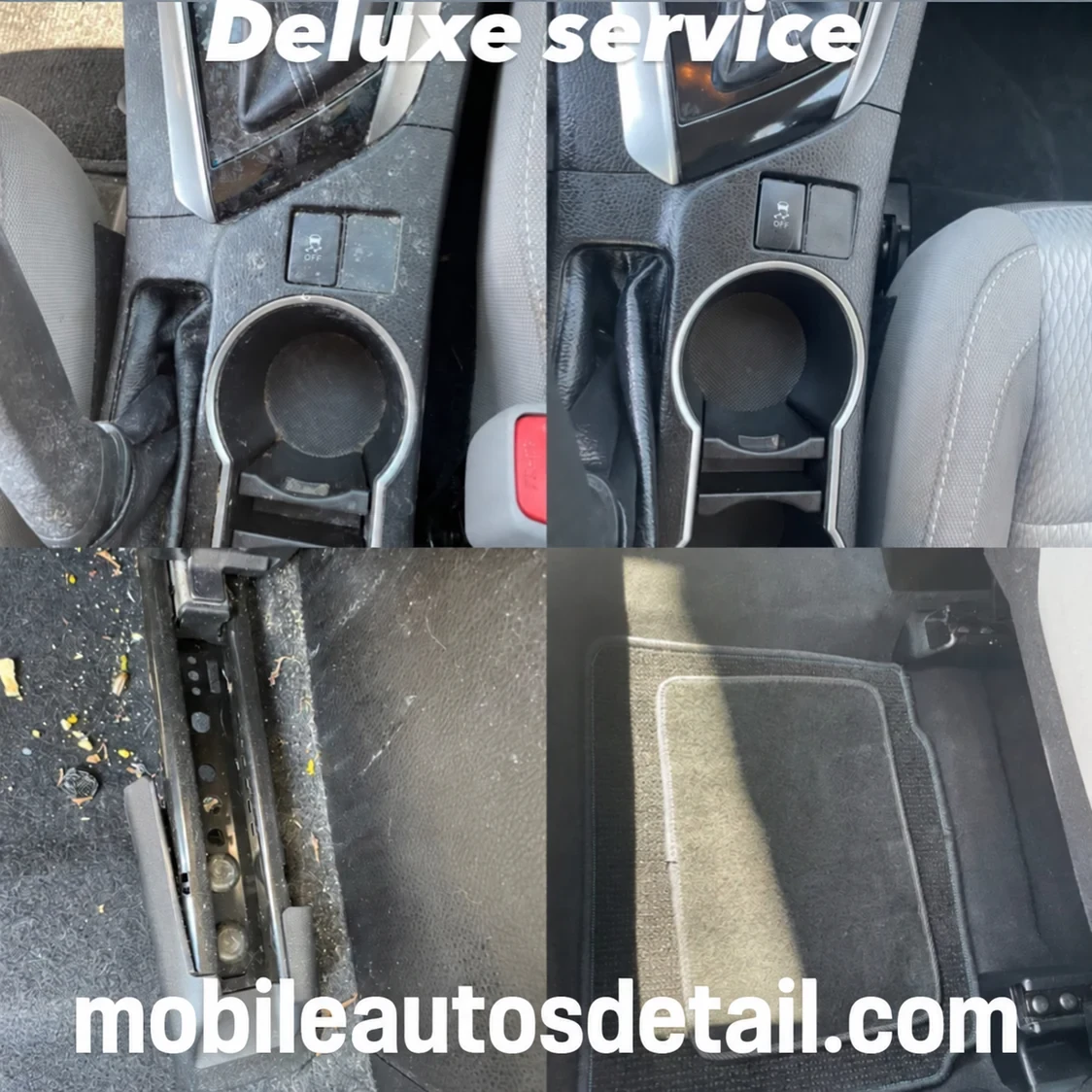 Center console cleaning before and after showing grime removal and surface restoration