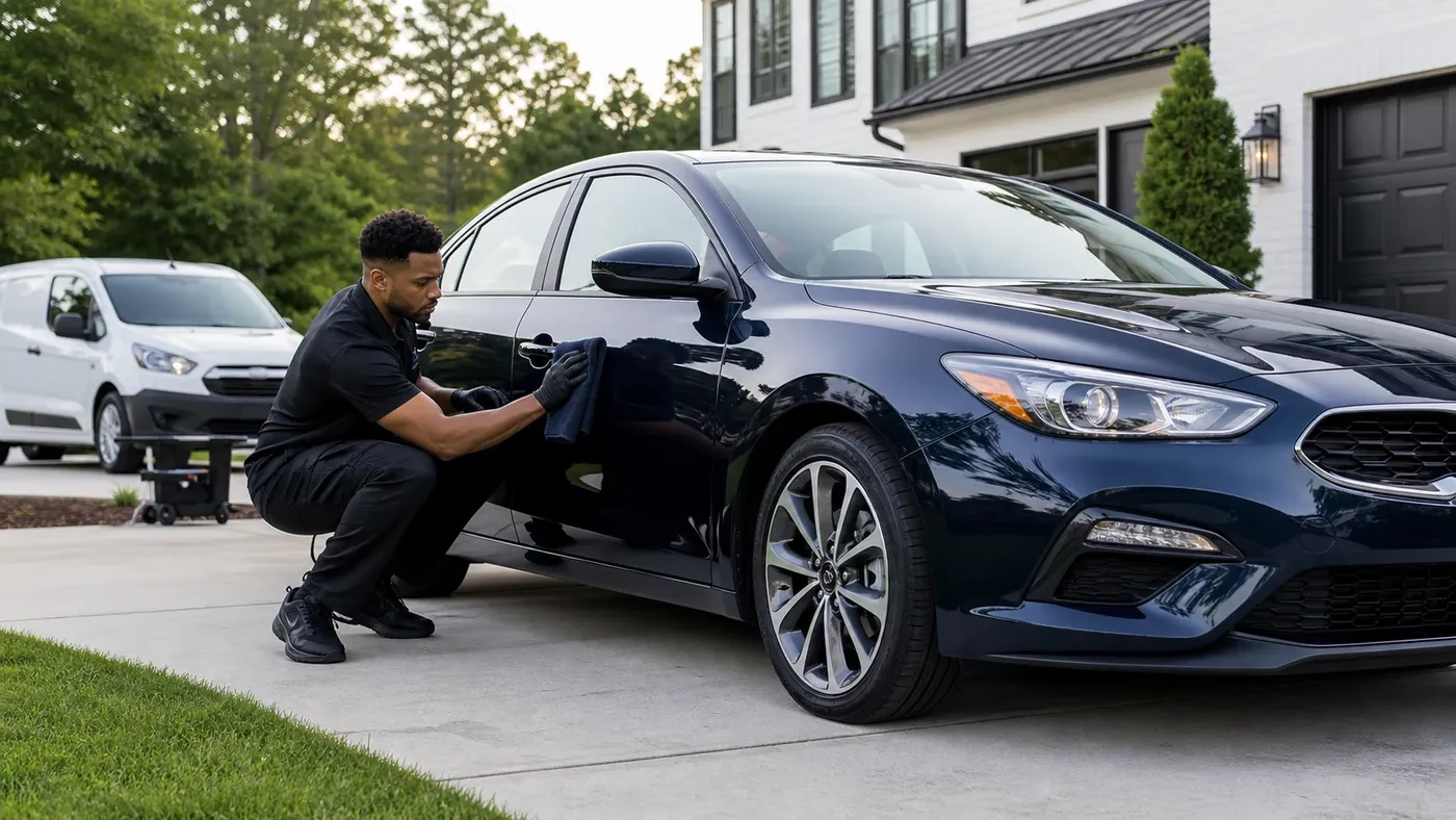 Detailer working on a dark compact car