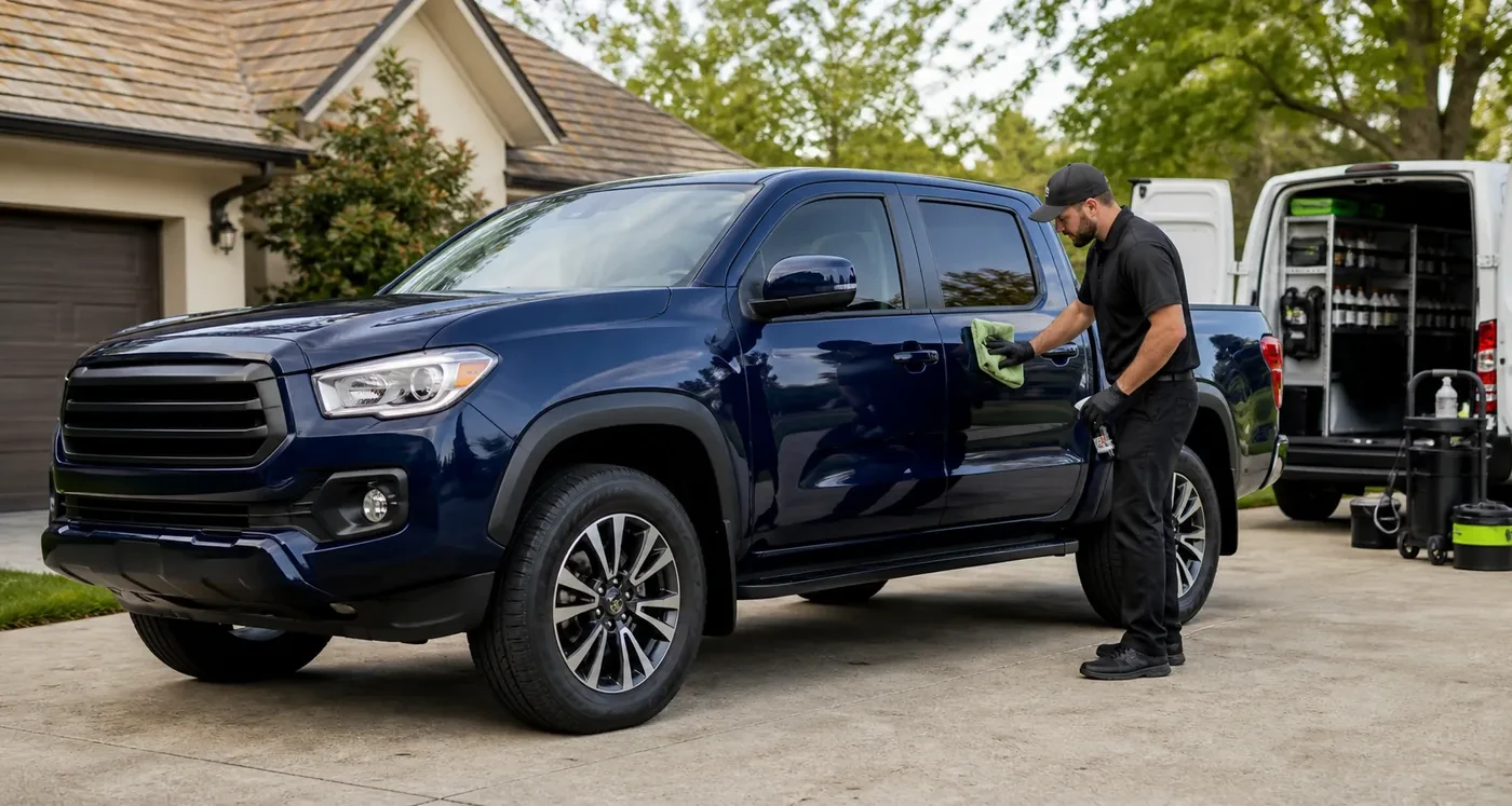 Blue pickup truck being detailed