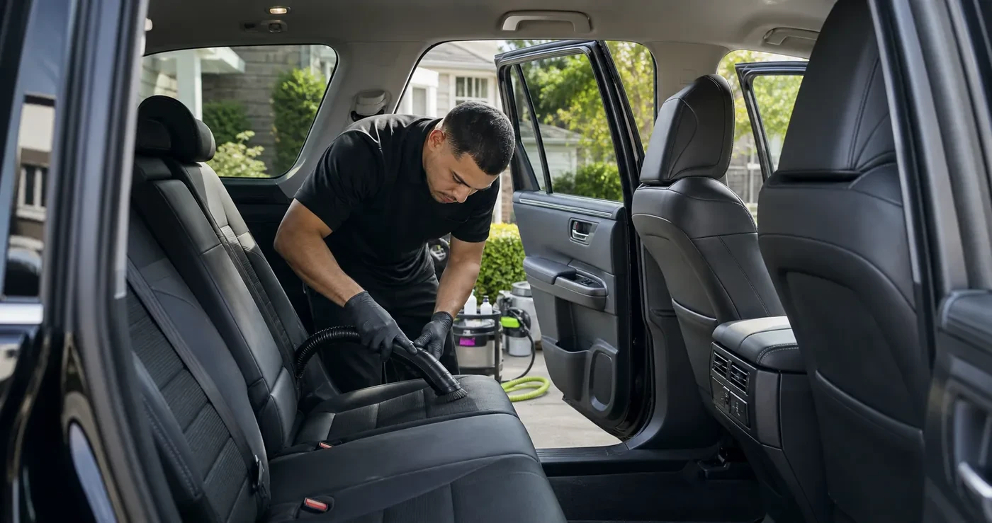 Detailer cleaning vehicle interior seats